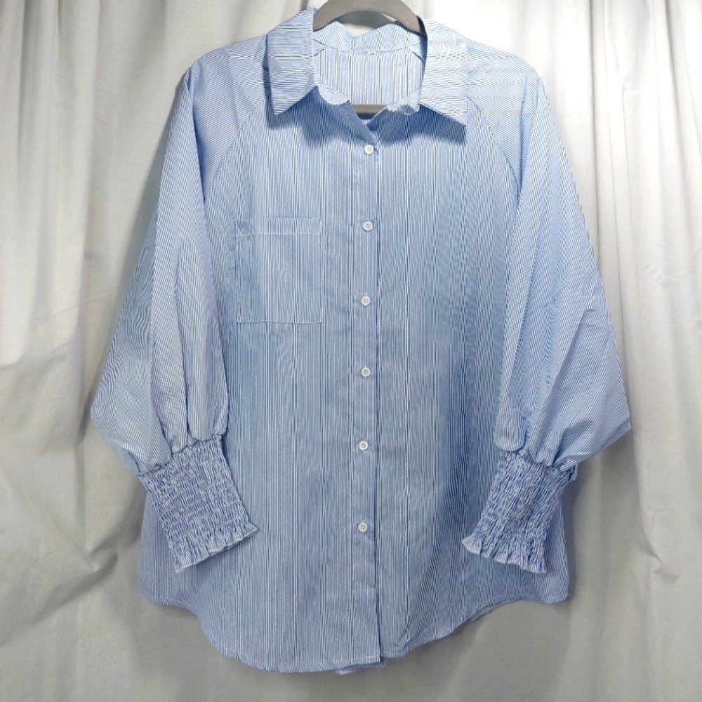 TEMU PLUS Micro Stripe Long Sleeve Top Blue White Wms 2XL Smock‎ Cuff NEW